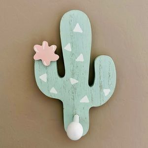 Set of 3 Wooden Cactus Hooks, Mint & Pink, Geometric